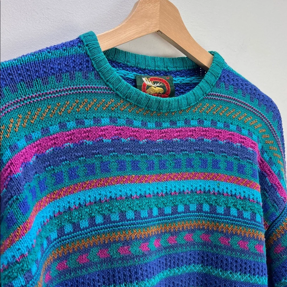 Vintage Alps Multicolor Knit Patterned Sweater Crew Neck Womens Medium Retro - Picture 3 of 8